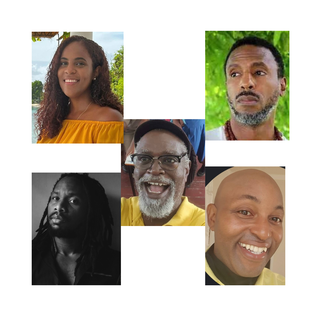 The 4LB tutors: Racquel Griffith (top left); Adrian Green (top right); Neil Waithe (bottom left); Kerry Belgrave (bottom right); poet-at-large  Winston Farrell (centre).